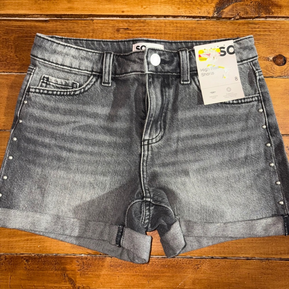 SO High Rise Denim Jean Shorts Girls 8 Gray Studded Cuffed Retro Fade NEW